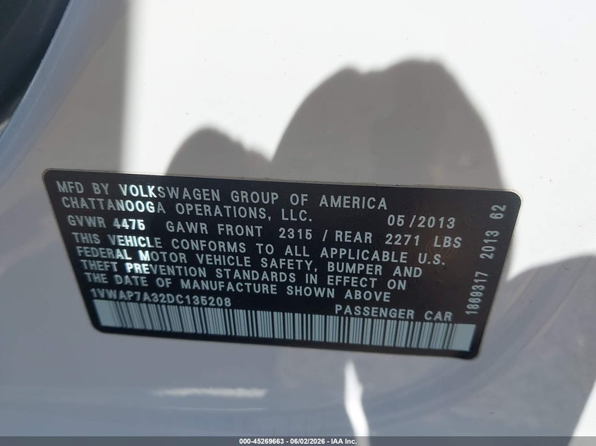 2013 Volkswagen Passat 2.5L S VIN: 1VWAP7A32DC135208 Lot: 45269663