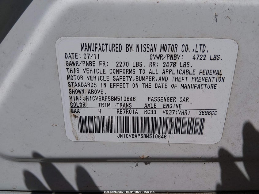 2011 Infiniti G37 Journey VIN: JN1CV6AP5BM510646 Lot: 45269682