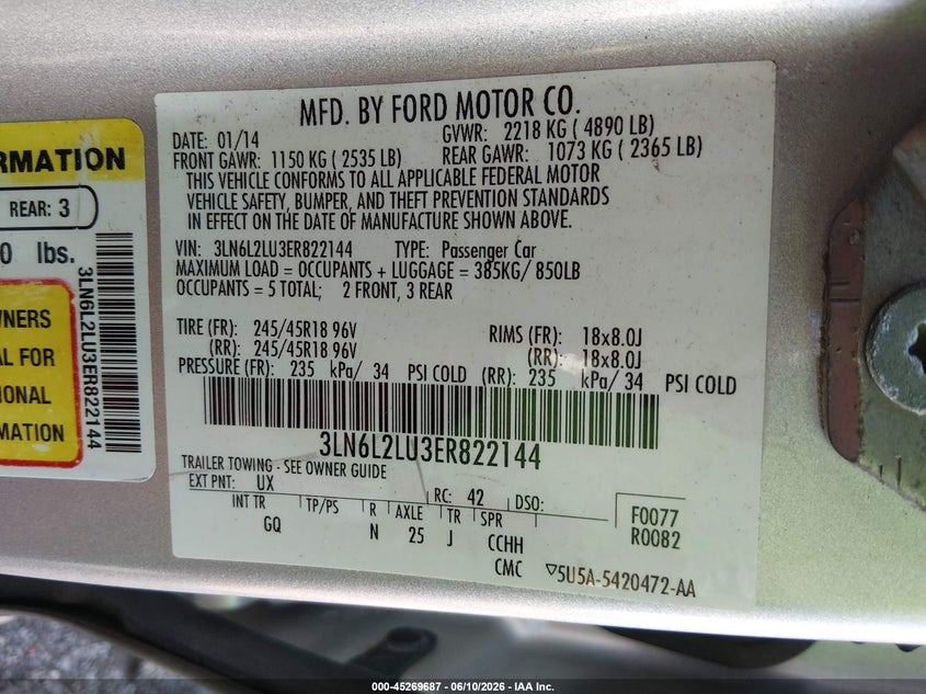 2014 Lincoln Mkz Hybrid VIN: 3LN6L2LU3ER822144 Lot: 45269687