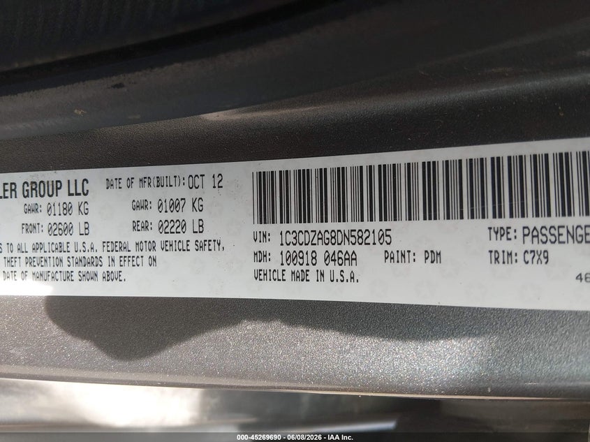 2013 Dodge Avenger Se V6 VIN: 1C3CDZAG8DN582105 Lot: 45269690