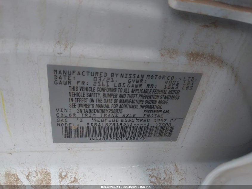 2021 Nissan Sentra Sr Xtronic Cvt VIN: 3N1AB8DV0MY258875 Lot: 45269711