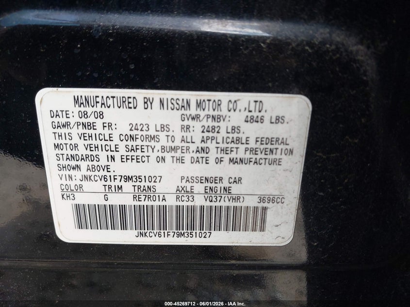 2009 Infiniti G37X VIN: JNKCV61F79M351027 Lot: 45269712