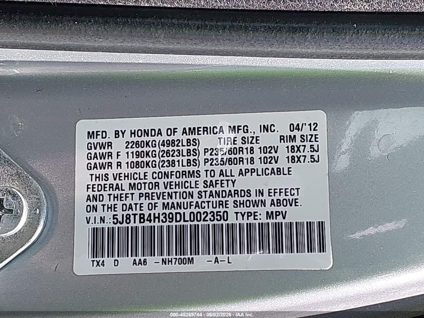2013 Acura Rdx VIN: 5J8TB4H39DL002350 Lot: 45269744