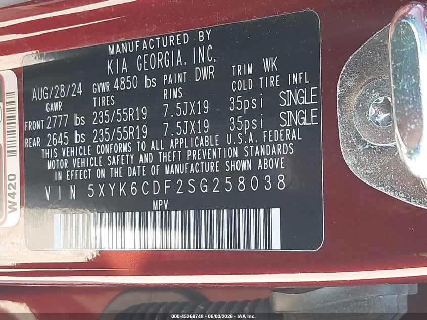 VIN 5XYK6CDF2SG258038 2025 KIA SPORTAGE X-LINE