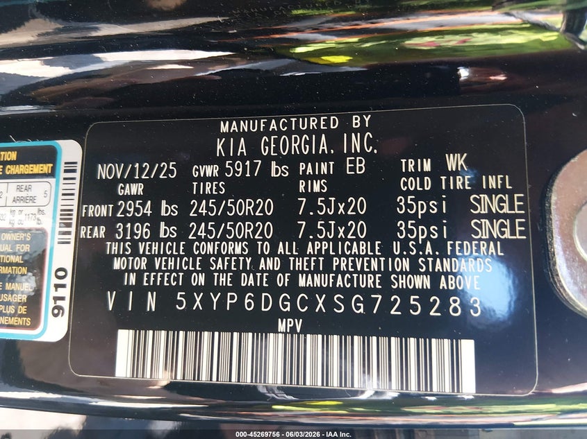 2025 Kia Telluride S VIN: 5XYP6DGCXSG725283 Lot: 45269756