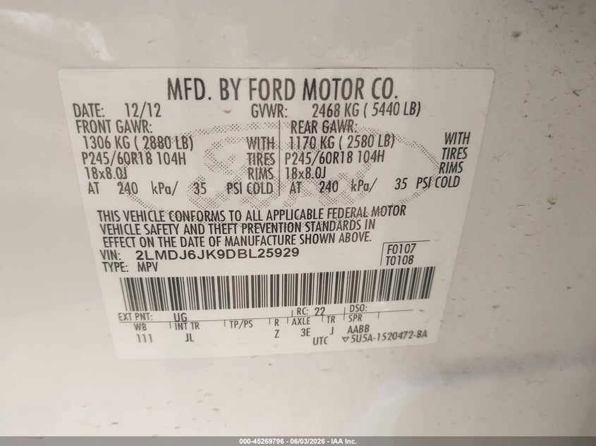 2013 Lincoln Mkx VIN: 2LMDJ6JK9DBL25929 Lot: 45269796