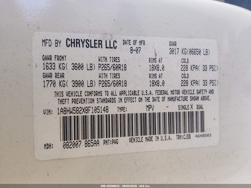 2008 Chrysler Aspen Limited VIN: 1A8HW582X8F105148 Lot: 45269833