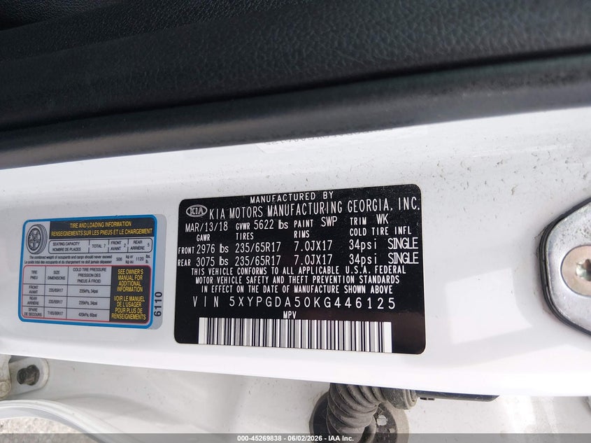 2019 Kia Sorento 3.3L Lx VIN: 5XYPGDA50KG446125 Lot: 45269838