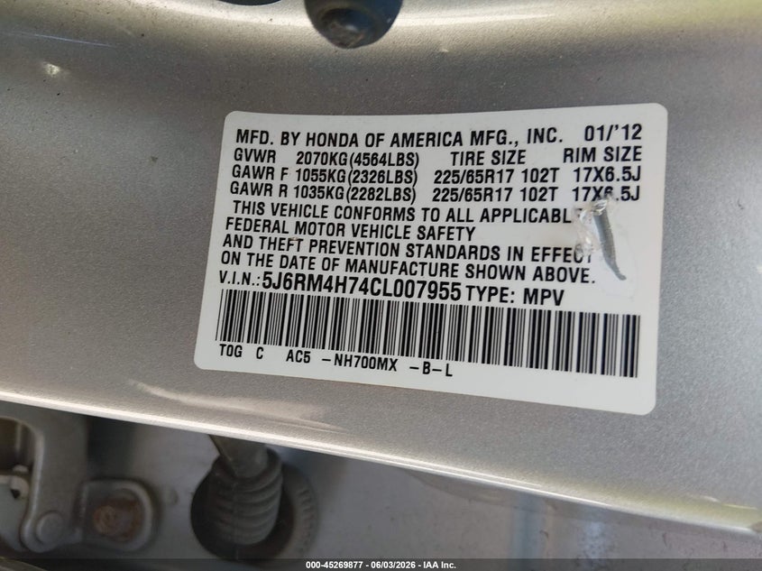 2012 Honda Cr-v 2.4 Cr-V Ex-L silver Lot 111045269877 Vin 5J6RM4H74CL007955