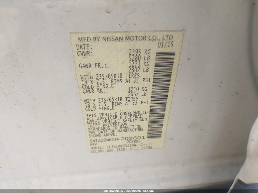 2015 Nissan Murano Sl VIN: 5N1AZ2MHXFN209601 Lot: 45269885