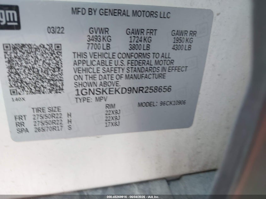 2022 Chevrolet Suburban 4Wd Rst VIN: 1GNSKEKD9NR258656 Lot: 45269916