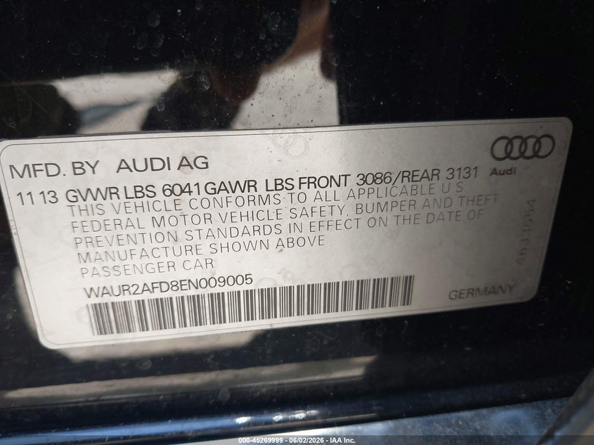 2014 Audi A8 L 4.0T VIN: WAUR2AFD8EN009005 Lot: 45269999