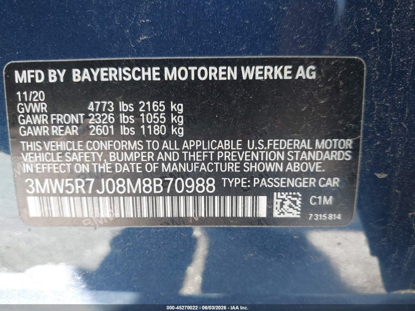 2021 BMW 330I xDrive VIN: 3MW5R7J08M8B70988 Lot: 45270022