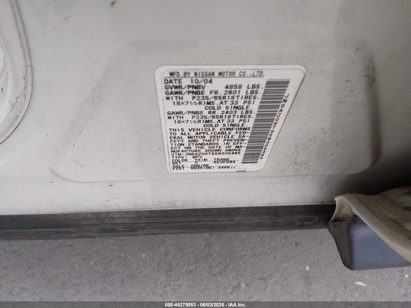 2005 Nissan Murano Sl VIN: JN8AZ08T95W305465 Lot: 45270053