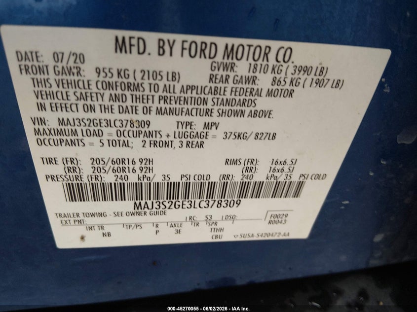 2020 Ford Ecosport Se VIN: MAJ3S2GE3LC378309 Lot: 45270055