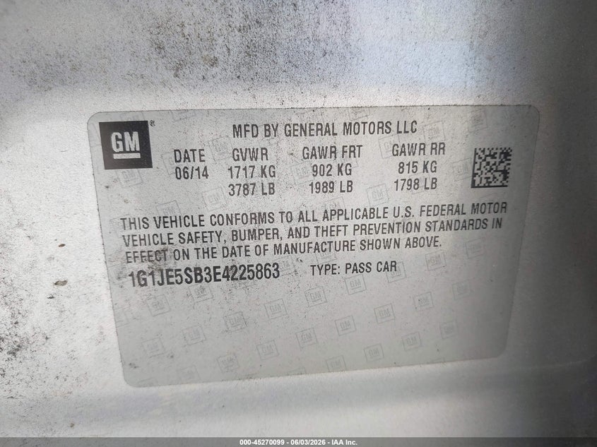 2014 Chevrolet Sonic Ltz Auto VIN: 1G1JE5SB3E4225863 Lot: 45270099
