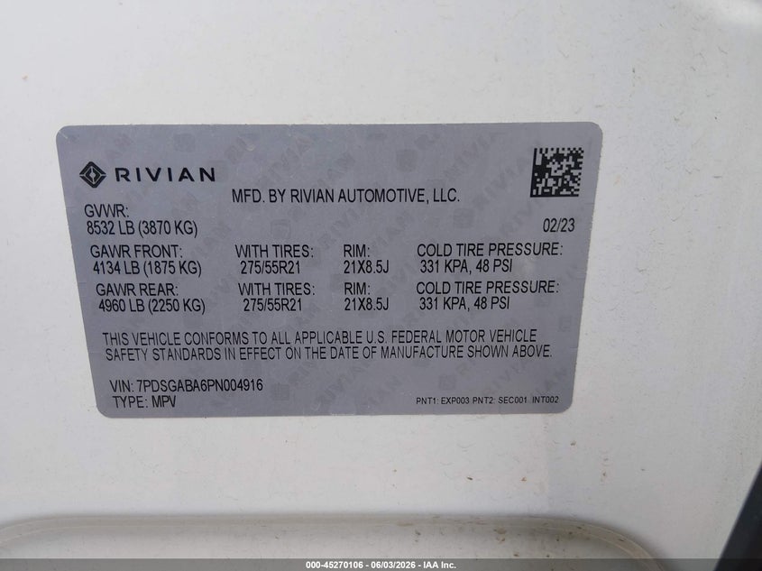 2023 Rivian R1S Adventure VIN: 7PDSGABA6PN004916 Lot: 45270106