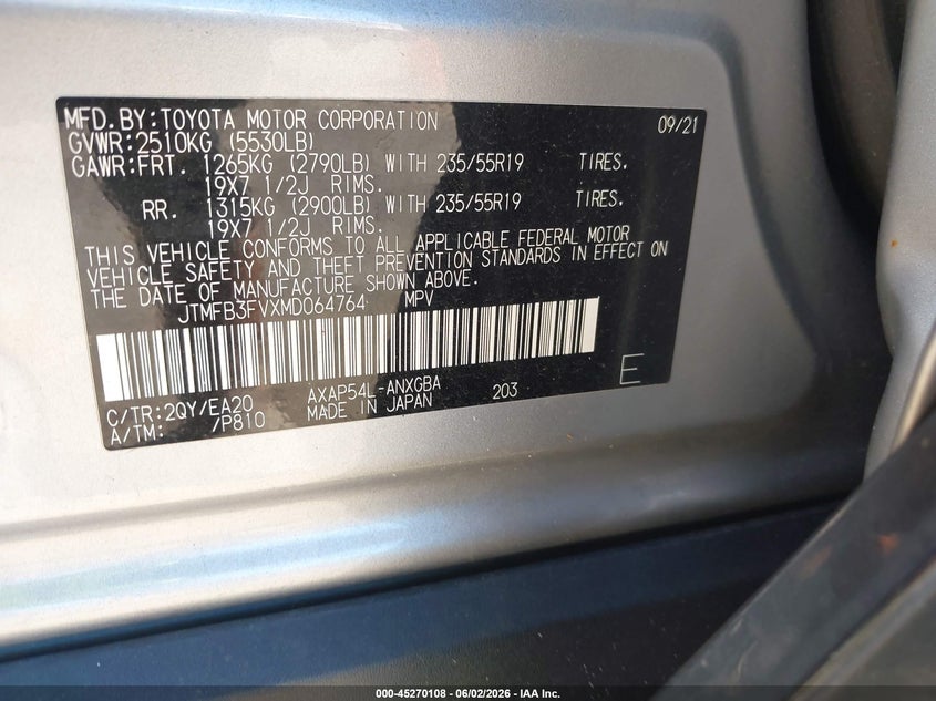 VIN JTMFB3FVXMD064764 2021 TOYOTA RAV4 PRIME XSE