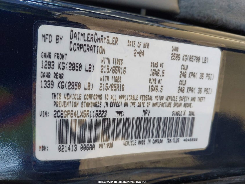 2005 Chrysler Town & Country Limited VIN: 2C8GP64LX5R116223 Lot: 45270118