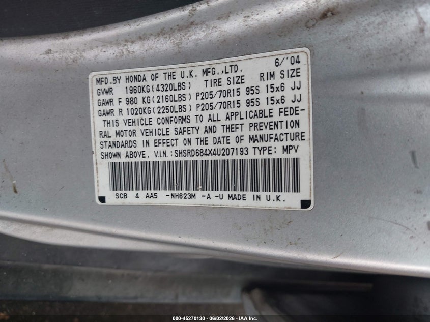 2004 Honda Cr-V Lx VIN: SHSRD684X4U207193 Lot: 45270130