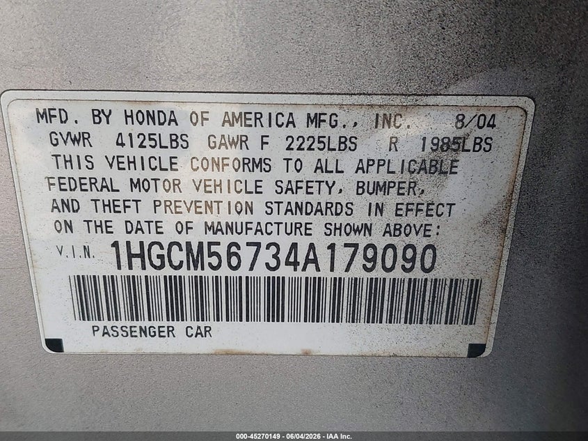 2004 Honda Accord 2.4 Ex VIN: 1HGCM56734A179090 Lot: 45270149