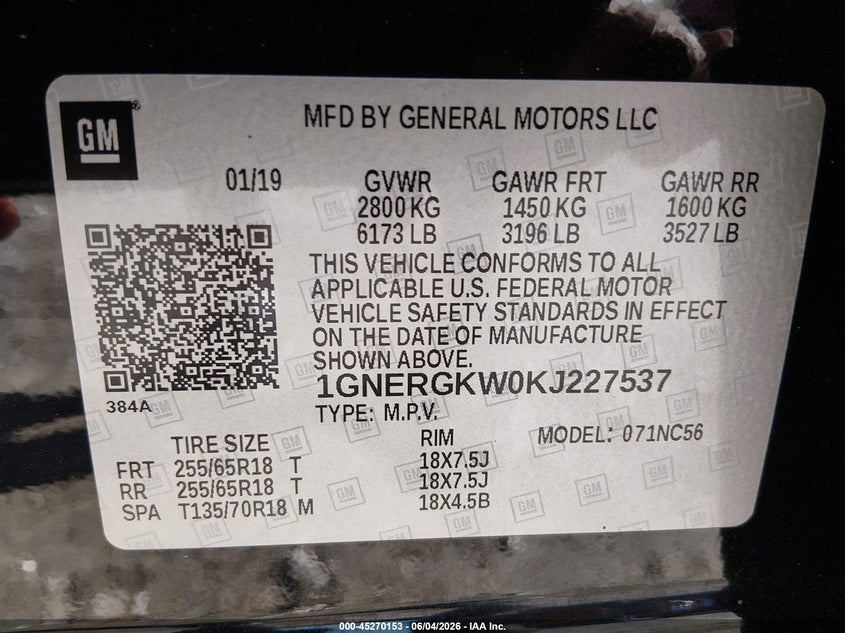 2019 Chevrolet Traverse 1Lt VIN: 1GNERGKW0KJ227537 Lot: 45270153