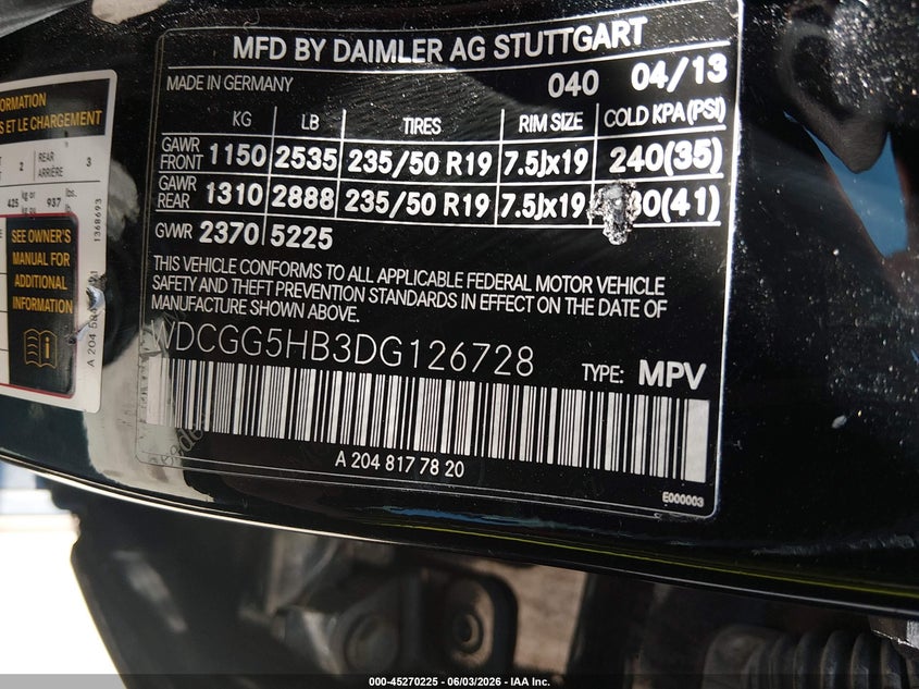 2013 Mercedes-Benz Glk 350 VIN: WDCGG5HB3DG126728 Lot: 45270225