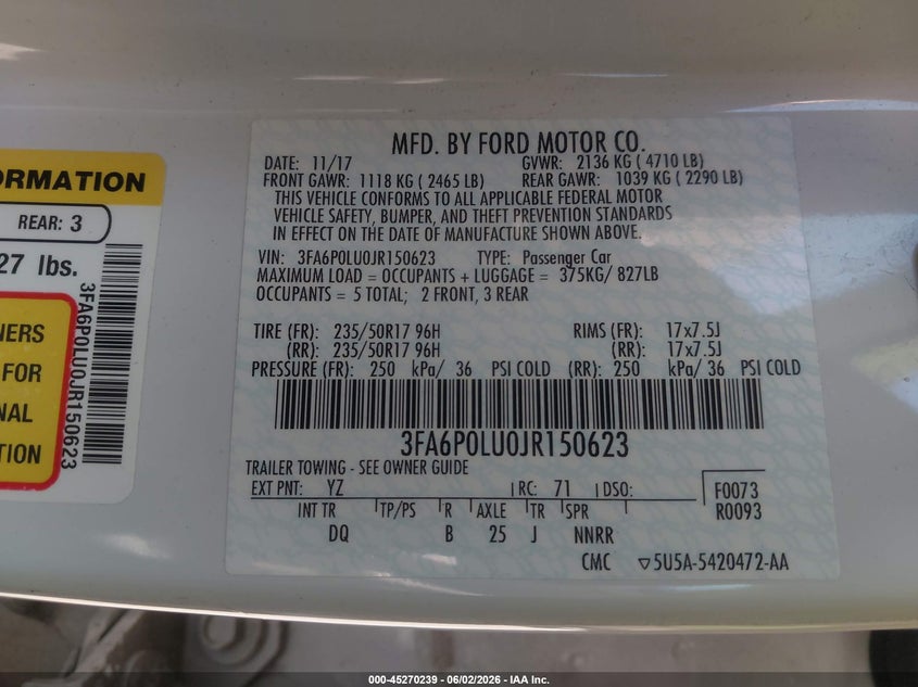 VIN 3FA6P0LU0JR150623 2018 FORD FUSION HYBRID SE