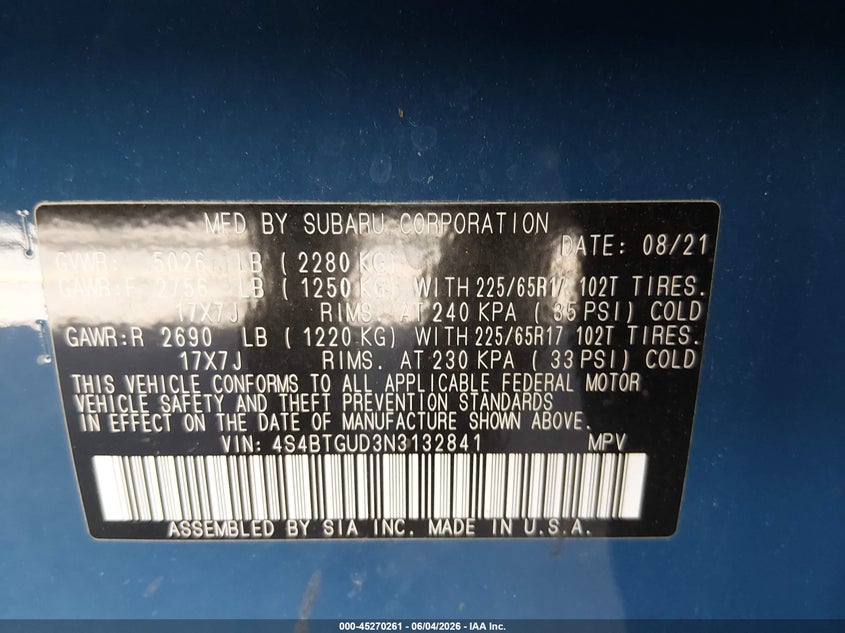 2022 Subaru Outback Wilderness VIN: 4S4BTGUD3N3132841 Lot: 45270261