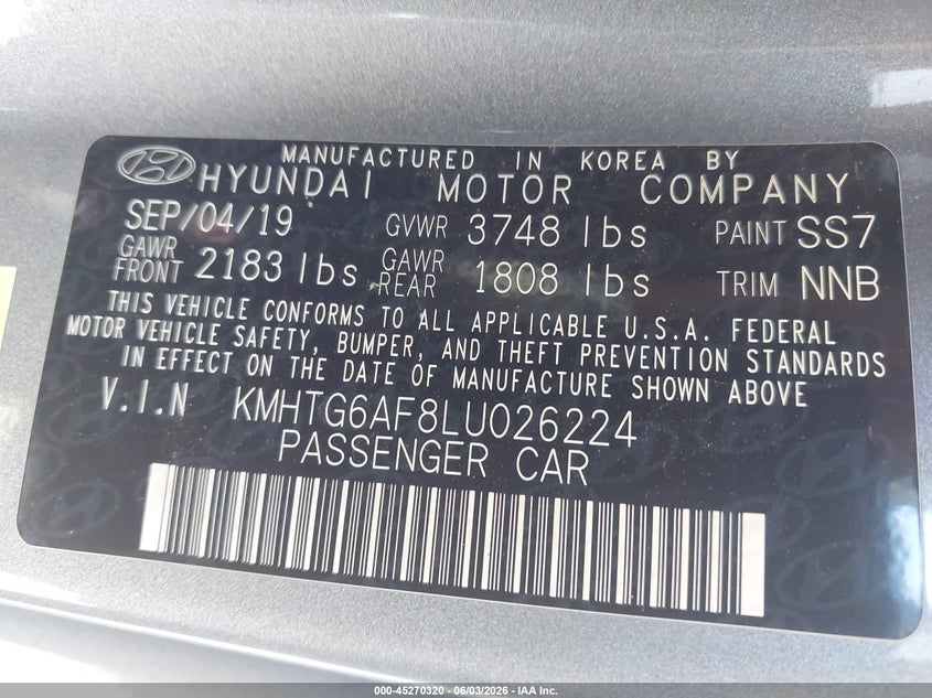 2020 Hyundai Veloster 2.0 Premium VIN: KMHTG6AF8LU026224 Lot: 45270320