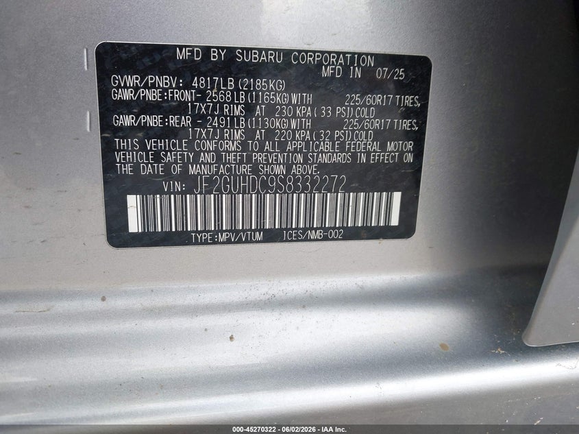 2025 Subaru Crosstrek Premium VIN: JF2GUHDC9S8332272 Lot: 45270322