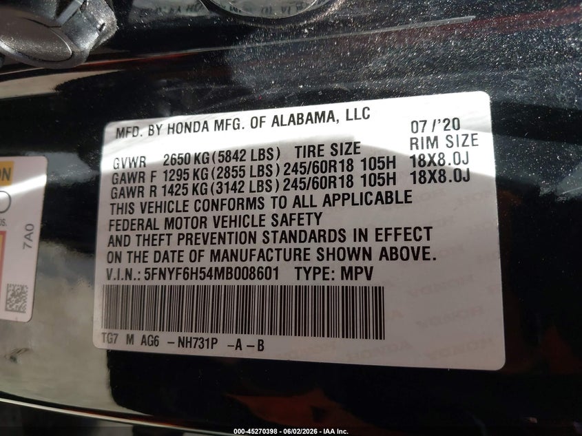2021 Honda Pilot Awd Ex-L VIN: 5FNYF6H54MB008601 Lot: 45270398