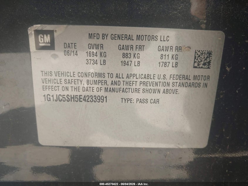 2014 Chevrolet Sonic Lt Auto VIN: 1G1JC5SH5E4233991 Lot: 45270422