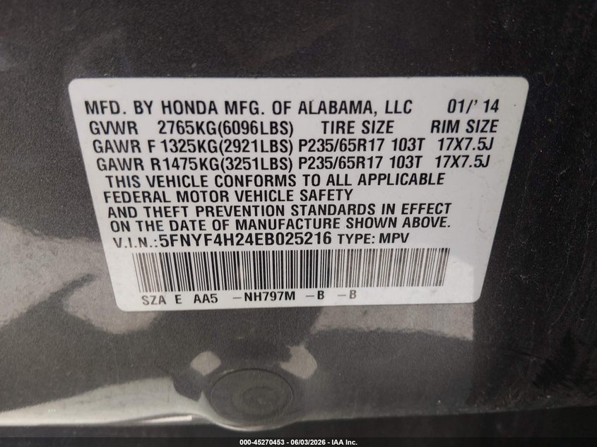 2014 Honda Pilot Lx VIN: 5FNYF4H24EB025216 Lot: 45270453