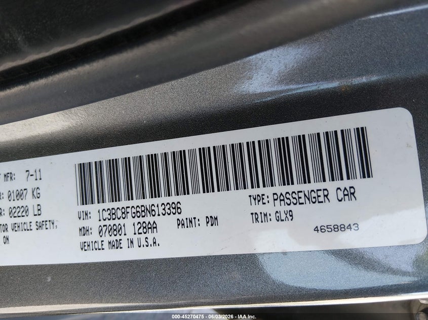 2011 Chrysler 200 S VIN: 1C3BC8FG6BN613396 Lot: 45270475