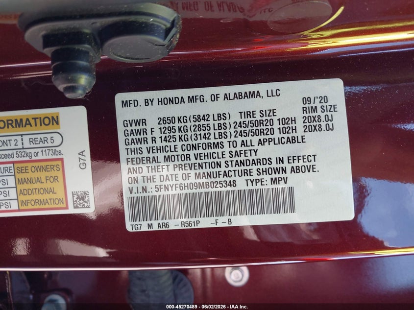 2021 Honda Pilot Awd Elite VIN: 5FNYF6H09MB025348 Lot: 45270489