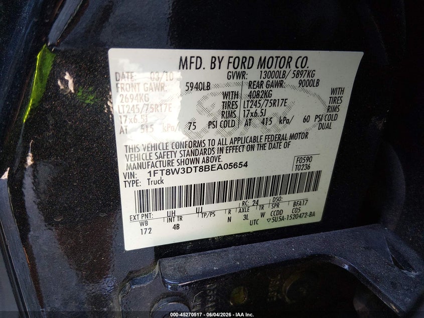 2011 Ford F-350 Lariat VIN: 1FT8W3DT8BEA05654 Lot: 45270517