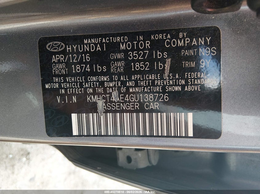 2016 Hyundai Accent Se VIN: KMHCT4AE4GU138726 Lot: 45270518