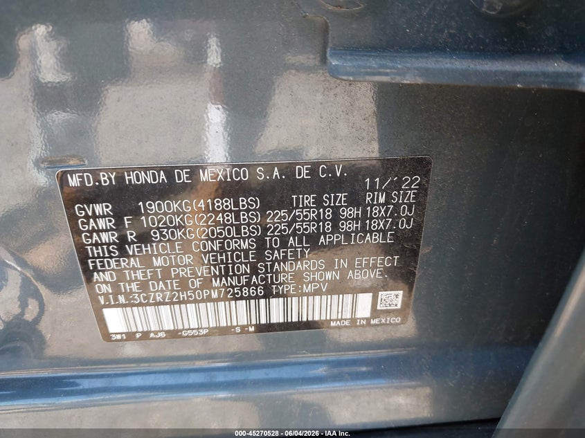 2023 Honda Hr-V Awd Sport VIN: 3CZRZ2H50PM725866 Lot: 45270528