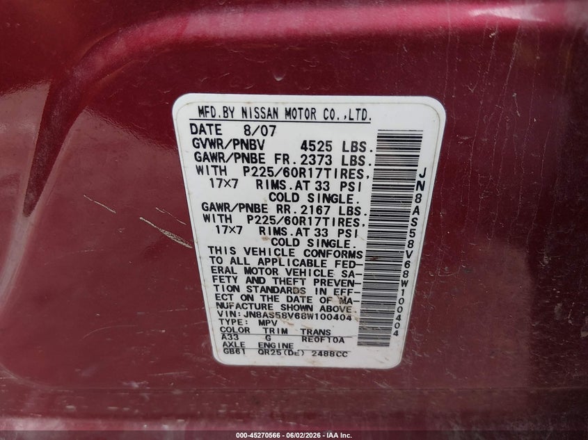 2008 Nissan Rogue Sl VIN: JN8AS58V68W100404 Lot: 45270566