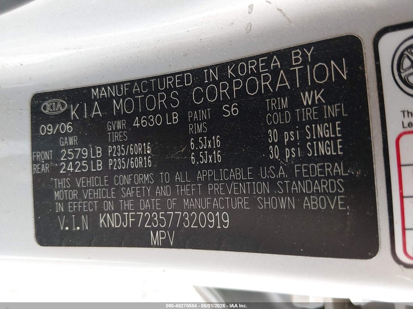 2007 Kia Sportage Lx V6 VIN: KNDJF723577320919 Lot: 45270584
