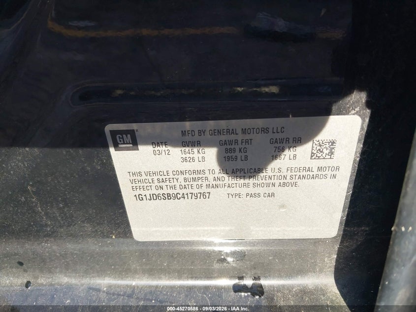 CHEVROLET SONIC 2012 VIN 1G1JD6SB9C4179767
