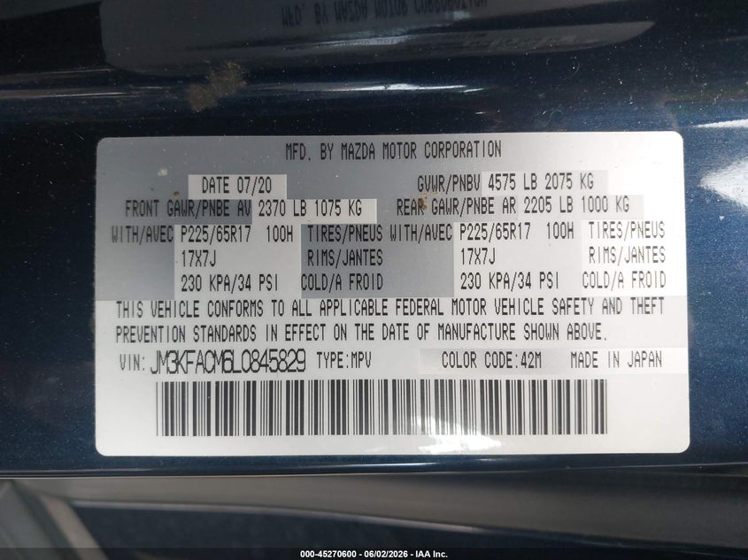 2020 Mazda Cx-5 Touring VIN: JM3KFACM6L0845829 Lot: 45270600