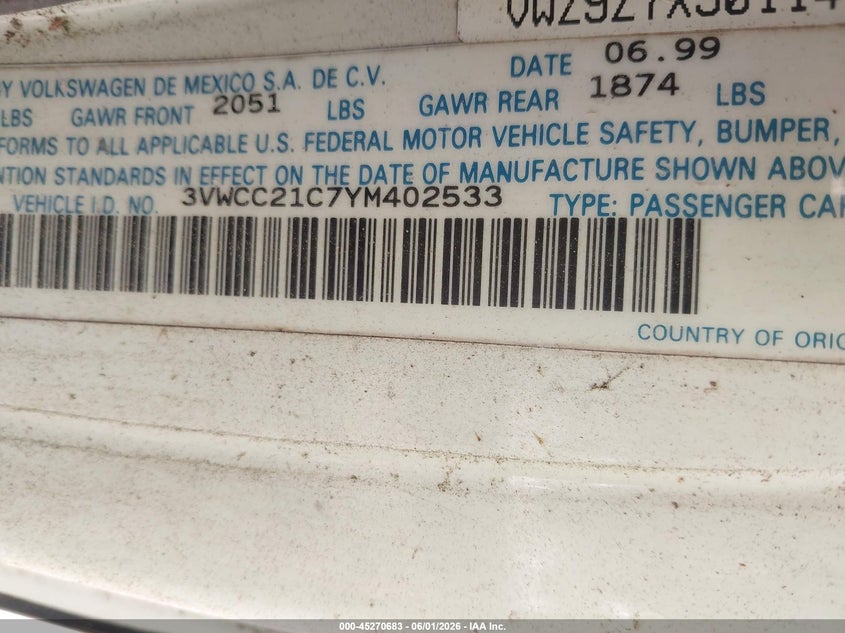 2000 Volkswagen New Beetle Gls VIN: 3VWCC21C7YM402533 Lot: 45270683
