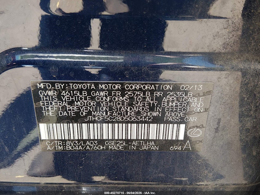 2013 Lexus Is 250 VIN: JTHCF5C28D5063442 Lot: 45270715