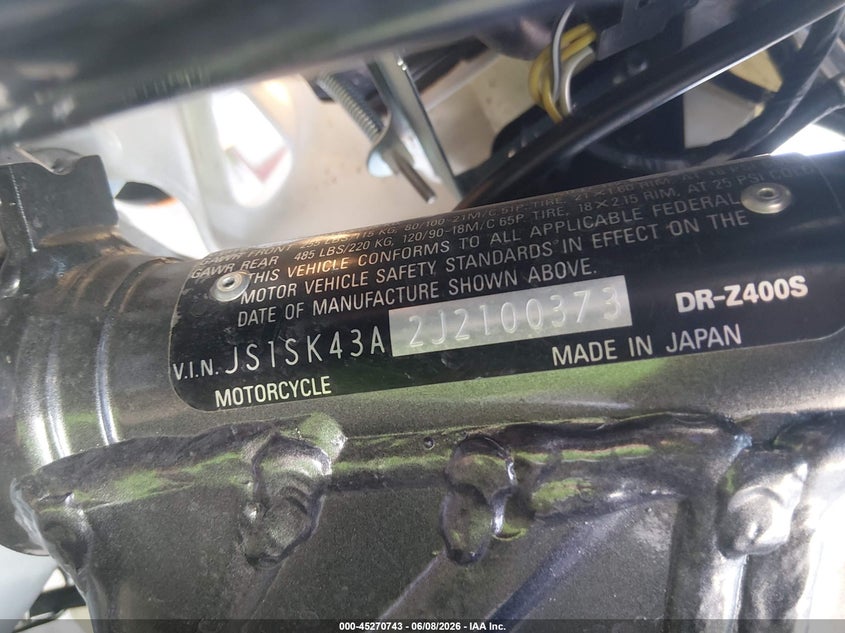 2018 Suzuki Dr-Z400 S VIN: JS1SK43A2J2100373 Lot: 45270743