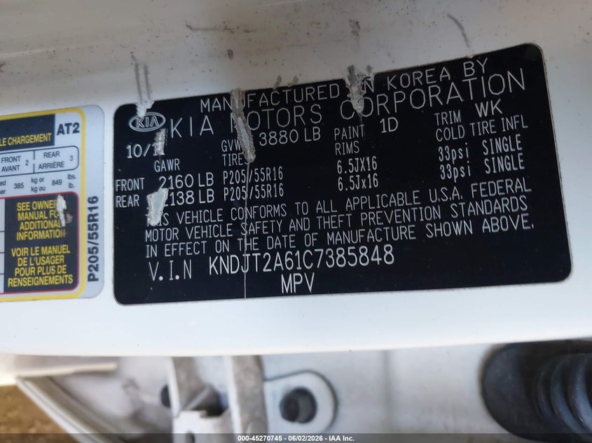 2012 Kia Soul + VIN: KNDJT2A61C7385848 Lot: 45270745