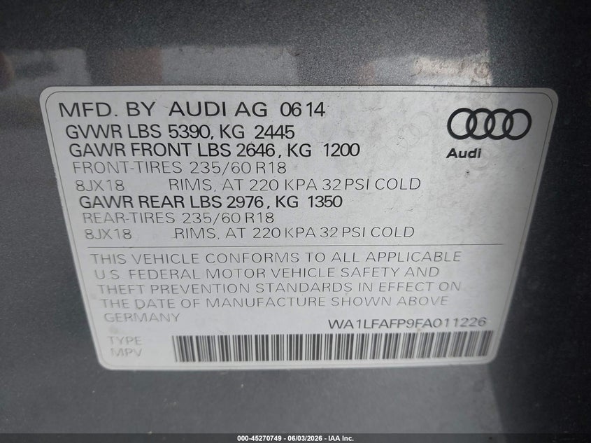 2015 Audi Q5 2.0T Premium VIN: WA1LFAFP9FA011226 Lot: 45270749
