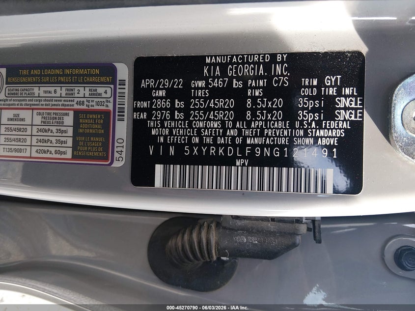 2022 Kia Sorento Sx VIN: 5XYRKDLF9NG121491 Lot: 45270790