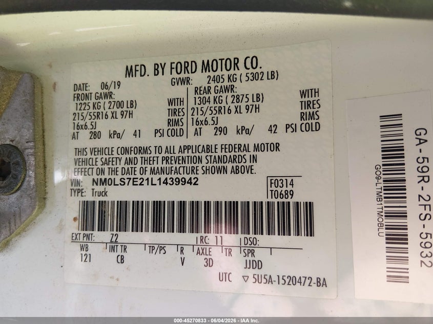 2020 Ford Transit Connect Xl VIN: NM0LS7E21L1439942 Lot: 45270833